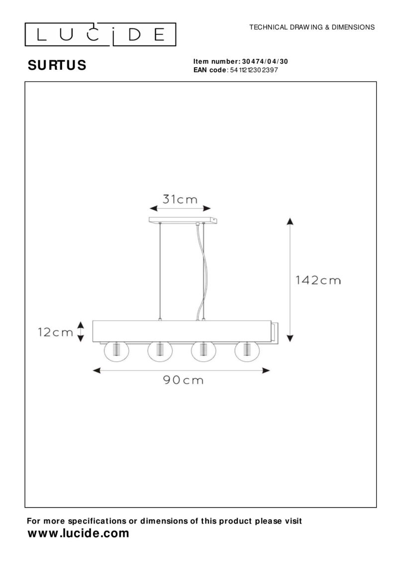 Lucide SURTUS - Závesné svietidlo - 4xE27 - Čierne
